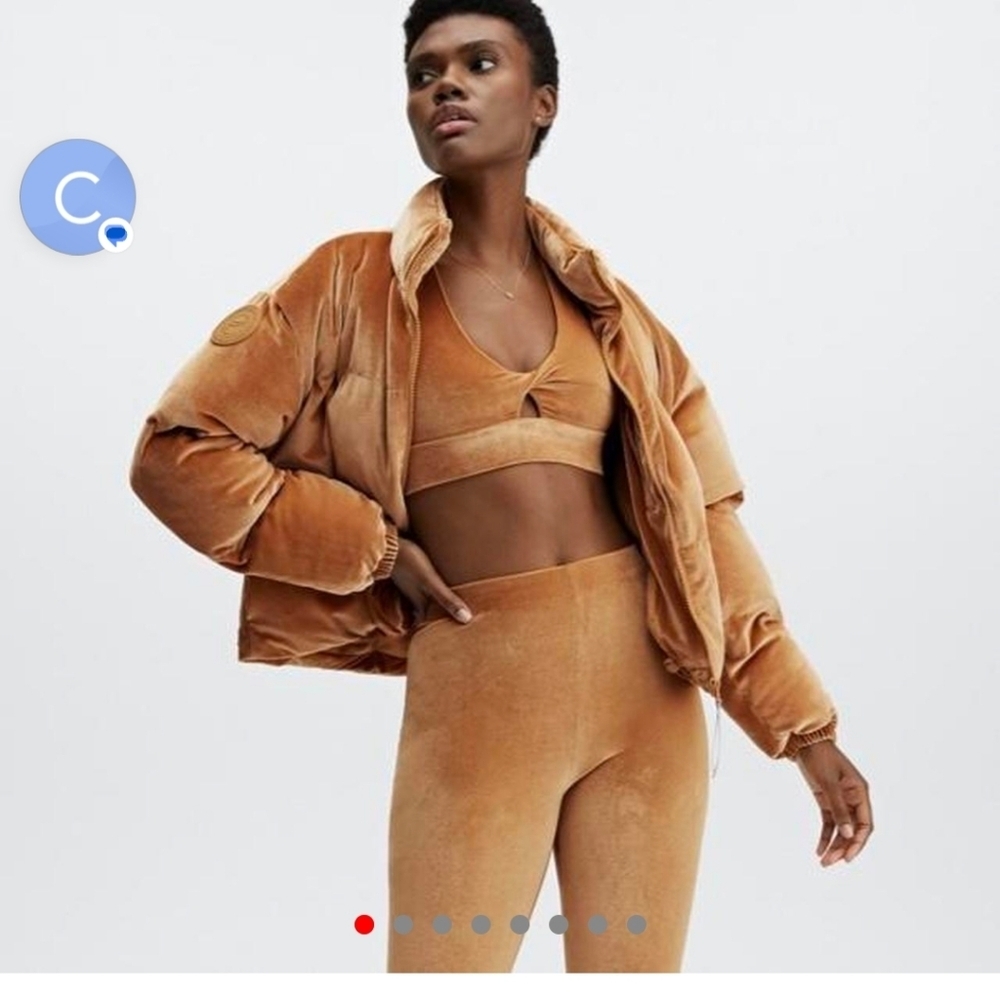 Fabletics Cropped Velour Puffer Jacket Brown Orange Athleisure